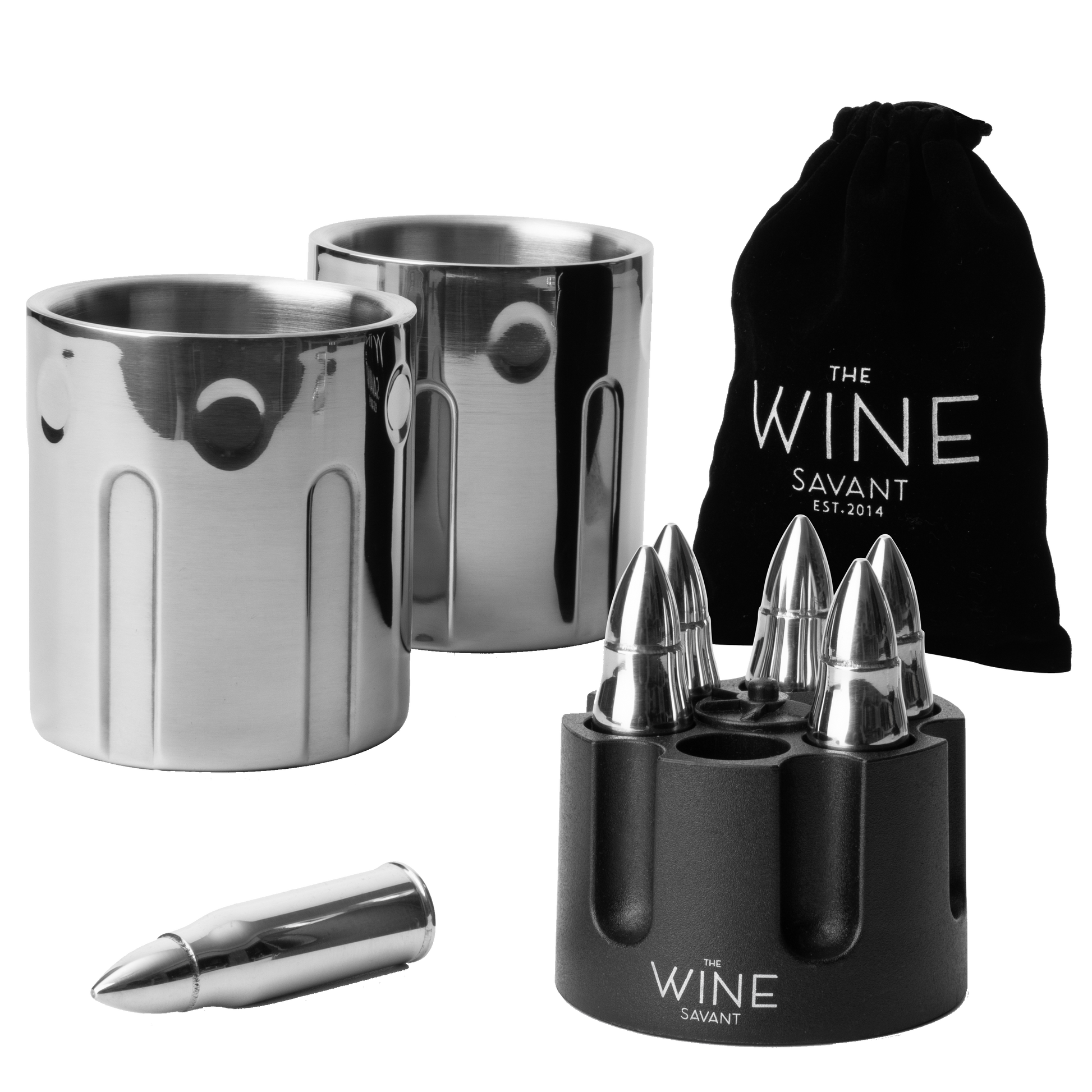2 Metal Ice Cups & Bullet Chillers by The Wine Savant - Whiskey Stones Bullets Stainless Steel with Revolver Case, 1.75in Bullet Chillers Set of 6, Whiskey Gift Sets, Military Gifts, Veteran Gifts-0