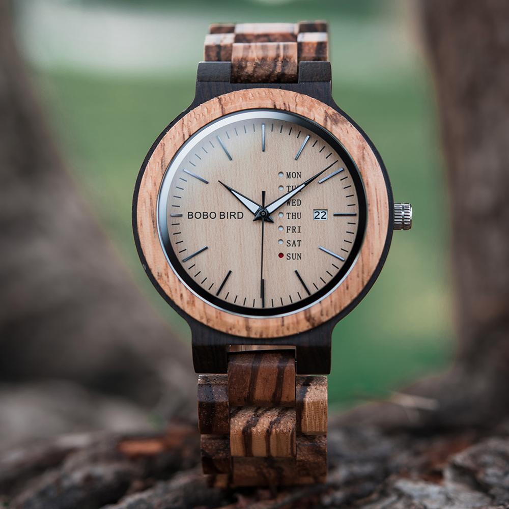 Antique Mens Wood Watches with Date and Week Display Luxury Brand Watch in Wooden Gift Box relogio masculino-0