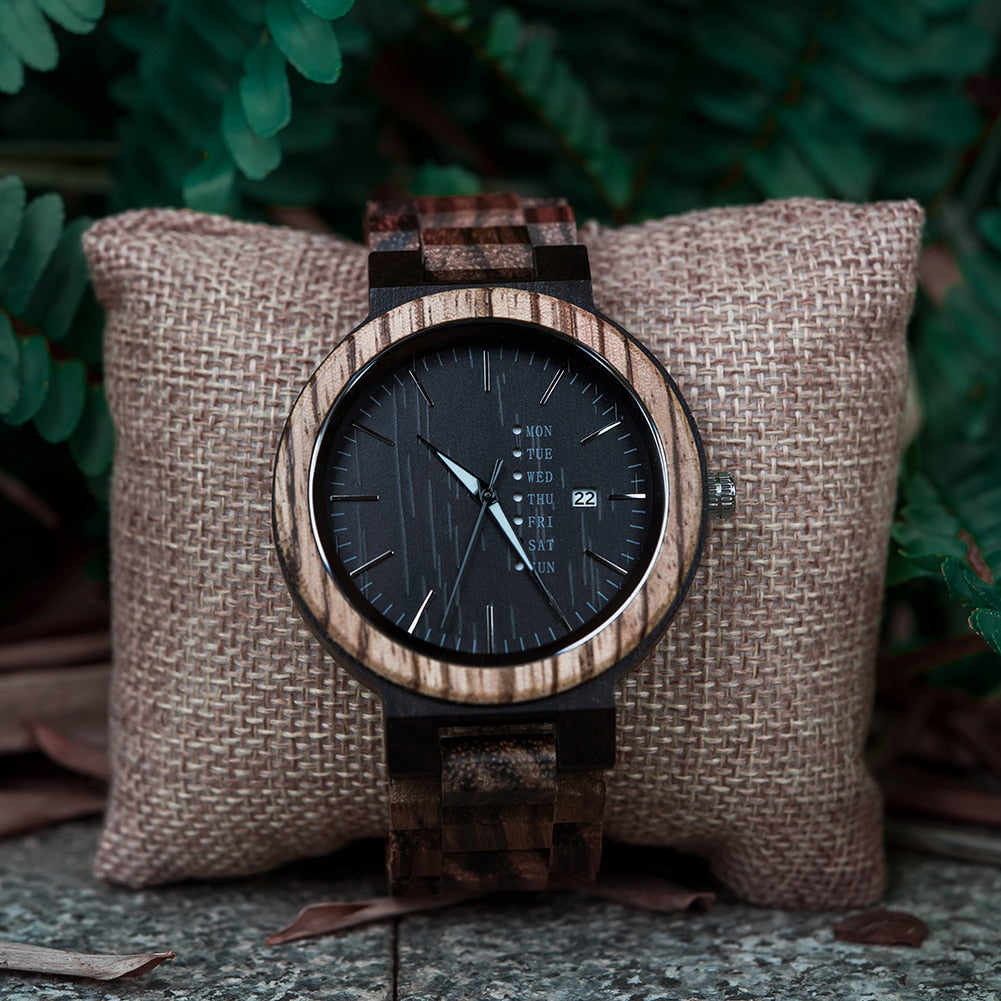 Antique Mens Wood Watches with Date and Week Display Luxury Brand Watch in Wooden Gift Box relogio masculino-19