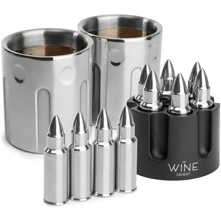 2 Metal Ice Cups & Bullet Chillers by The Wine Savant - Whiskey Stones Bullets Stainless Steel with Revolver Case, 1.75in Bullet Chillers Set of 6, Whiskey Gift Sets, Military Gifts, Veteran Gifts-3