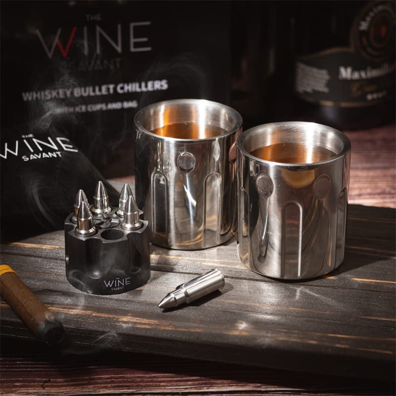 2 Metal Ice Cups & Bullet Chillers by The Wine Savant - Whiskey Stones Bullets Stainless Steel with Revolver Case, 1.75in Bullet Chillers Set of 6, Whiskey Gift Sets, Military Gifts, Veteran Gifts-5