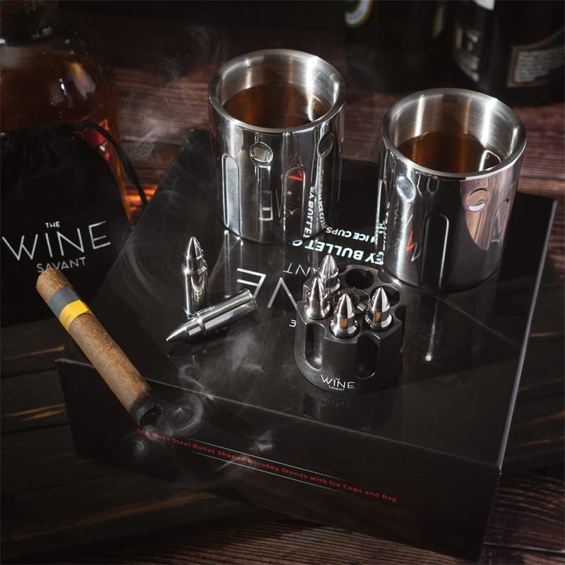 2 Metal Ice Cups & Bullet Chillers by The Wine Savant - Whiskey Stones Bullets Stainless Steel with Revolver Case, 1.75in Bullet Chillers Set of 6, Whiskey Gift Sets, Military Gifts, Veteran Gifts-2