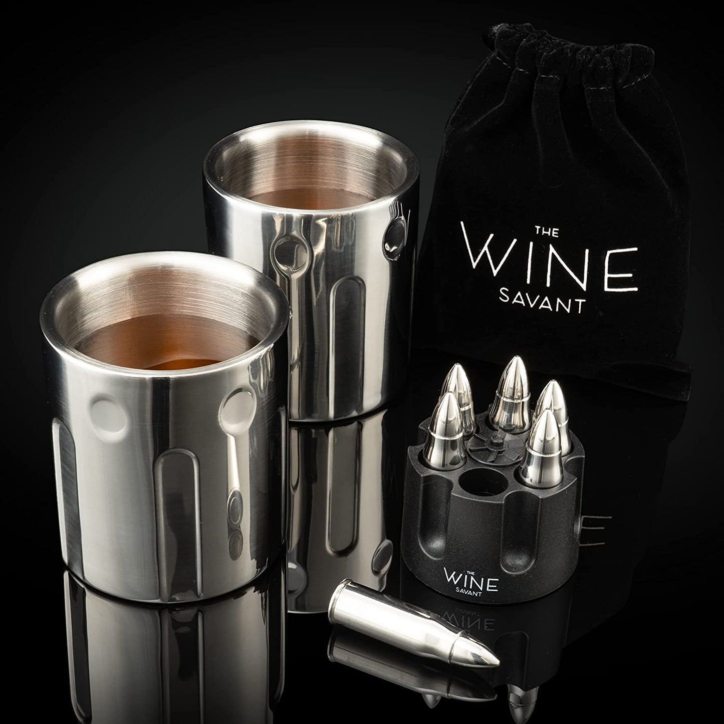2 Metal Ice Cups & Bullet Chillers by The Wine Savant - Whiskey Stones Bullets Stainless Steel with Revolver Case, 1.75in Bullet Chillers Set of 6, Whiskey Gift Sets, Military Gifts, Veteran Gifts-1