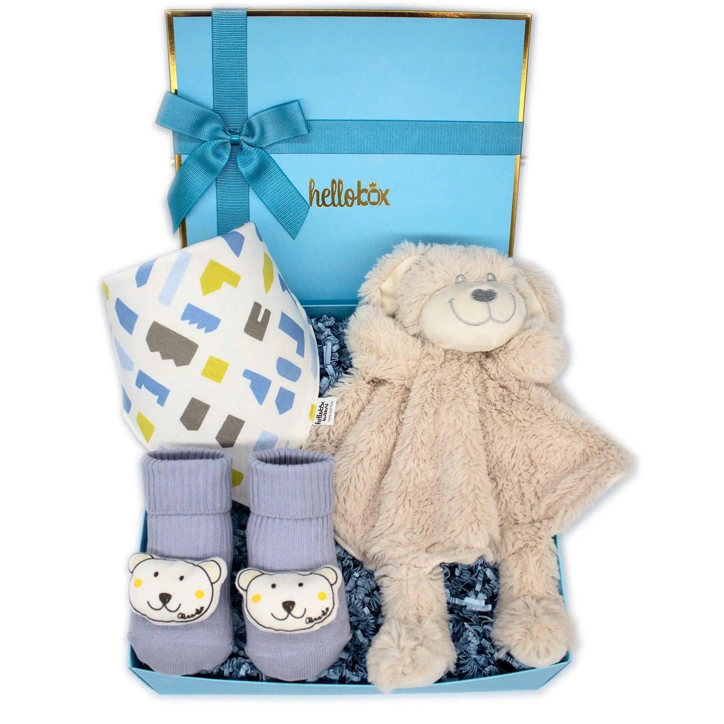 Hellobox cuddle cloth, anti-slip first socks and bib baby gift for birth boy (blue)-0