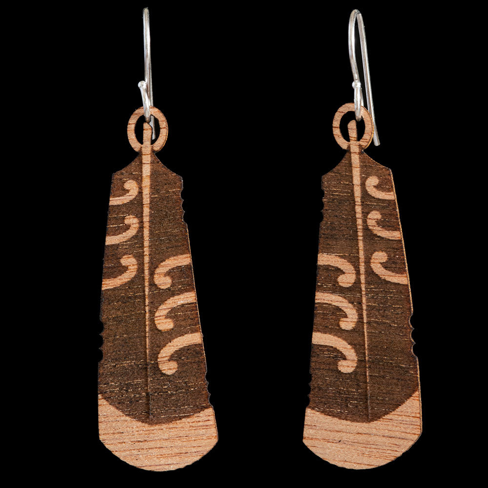 Wooden Huia Feather Earrings by Kristal Thompson (3 Sizes)-0