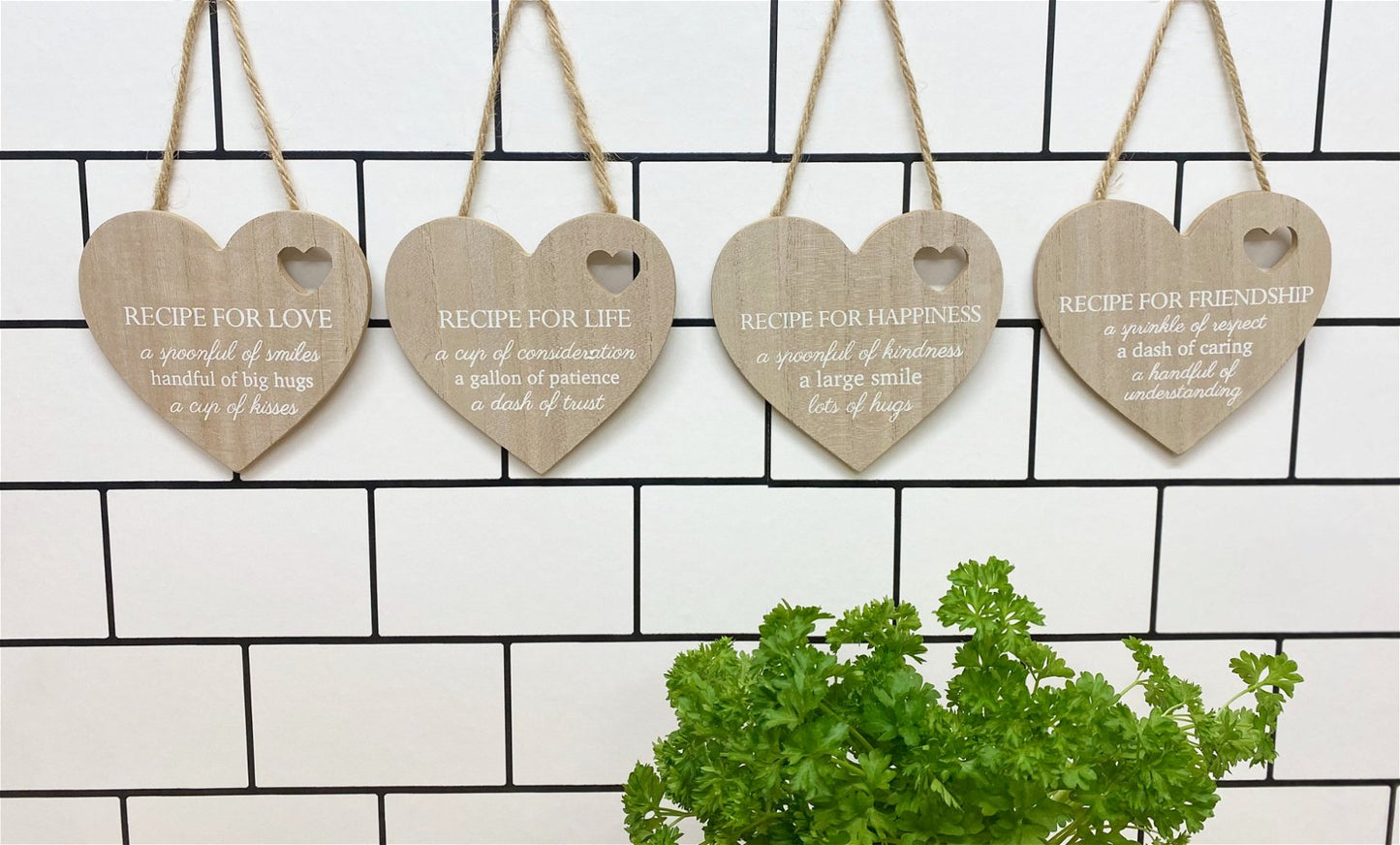 Set of 4 Wood Hanging White Etched Life Recipe Heart Plaque-3