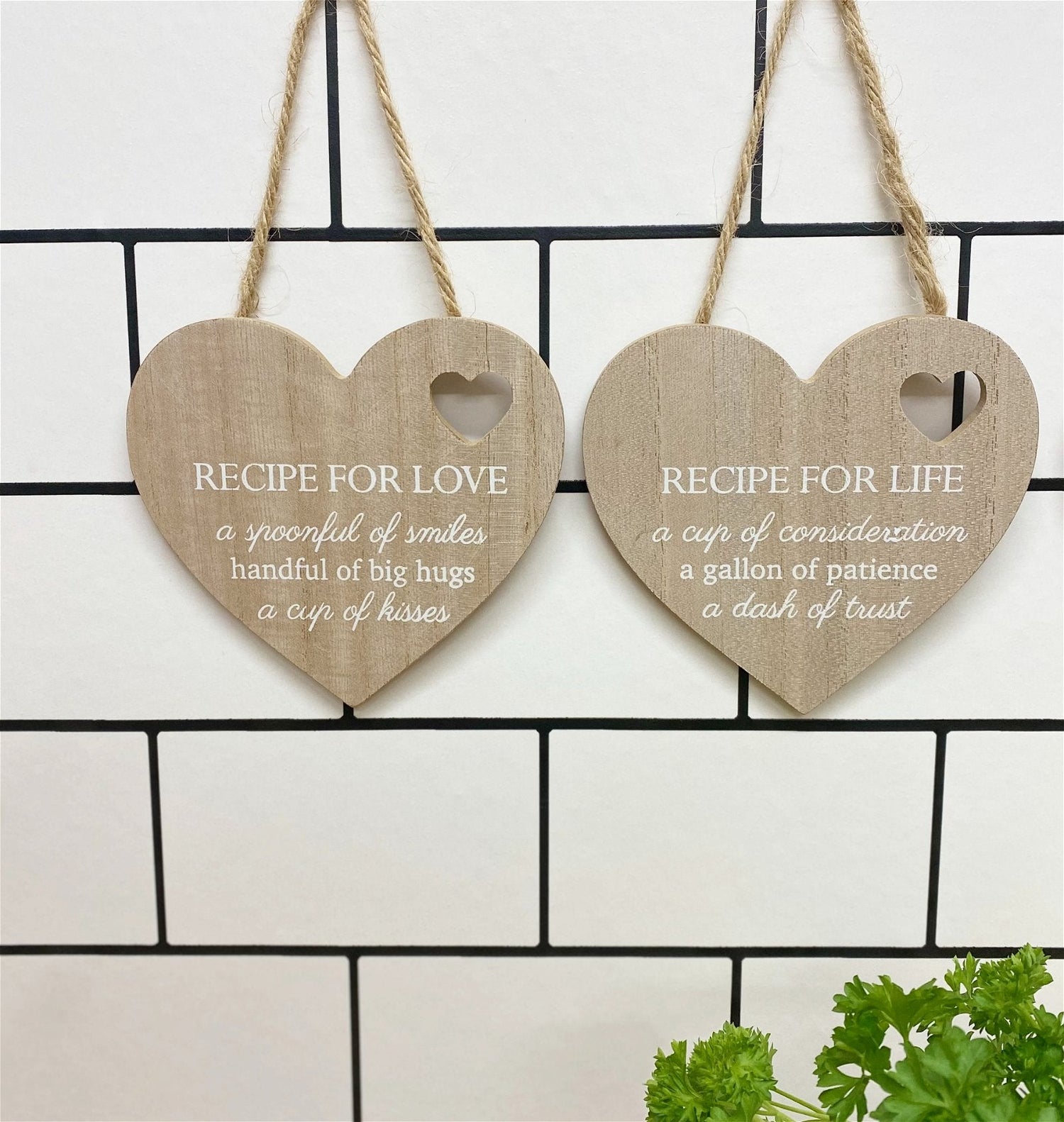 Set of 4 Wood Hanging White Etched Life Recipe Heart Plaque-2