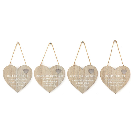 Set of 4 Wood Hanging White Etched Life Recipe Heart Plaque-0