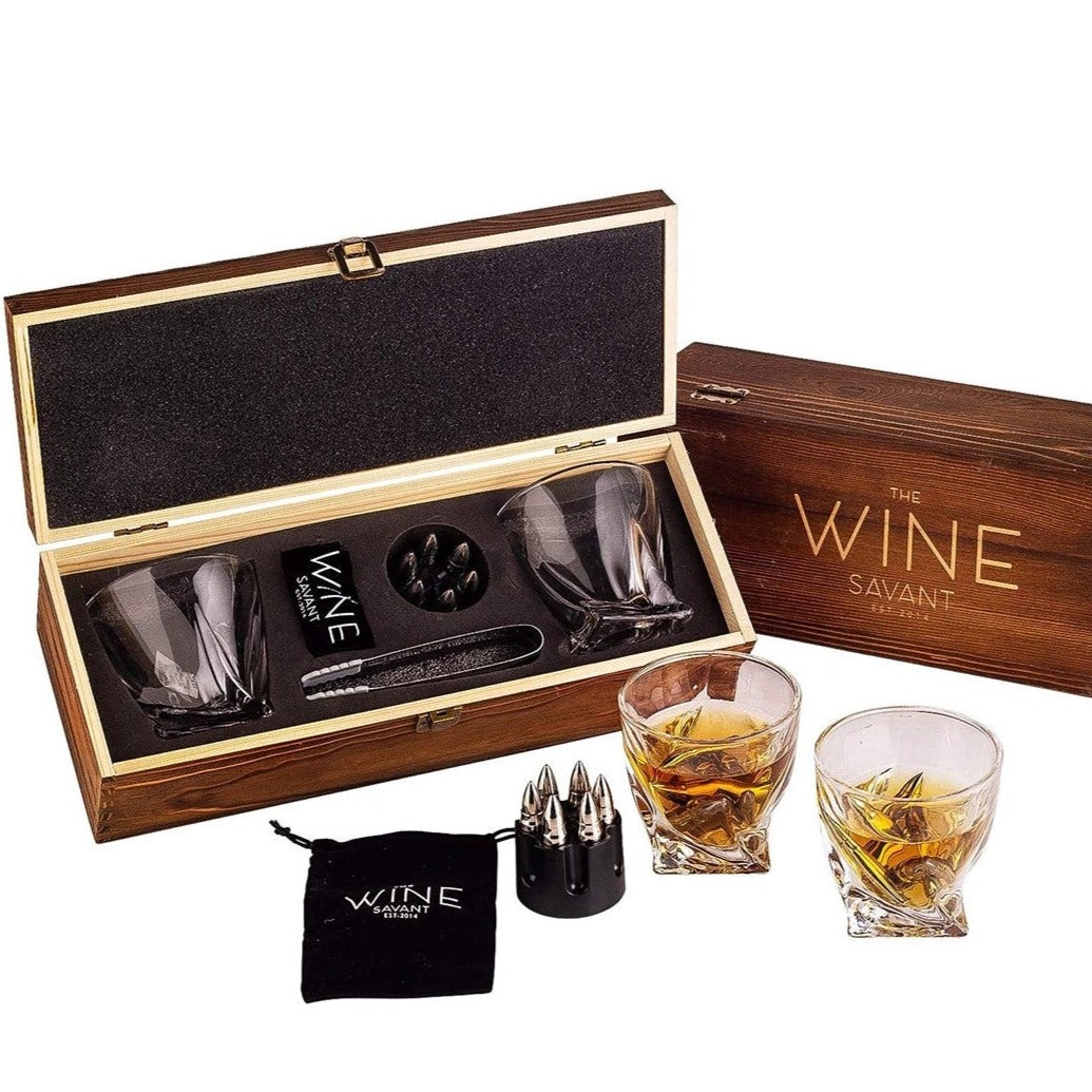Whiskey Stones Gift Set for Men, by The Wine Savant, 6 Stainless Steel Whiskey Stones, 2 Twisted Glasses, Freezer Pouch & Special Tongs in Pinewood Box-0